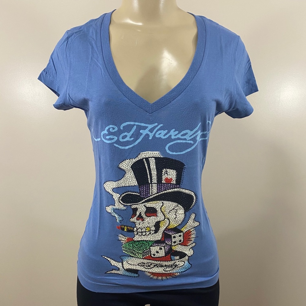 Ed Hardy Women Old Brad Blue Rhinestone Shirt